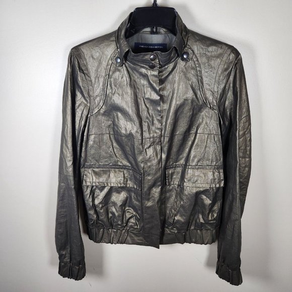 French Connection Bomber Jacket Womens Olive Green Metallic Coated Linen Y2K - Picture 6 of 13